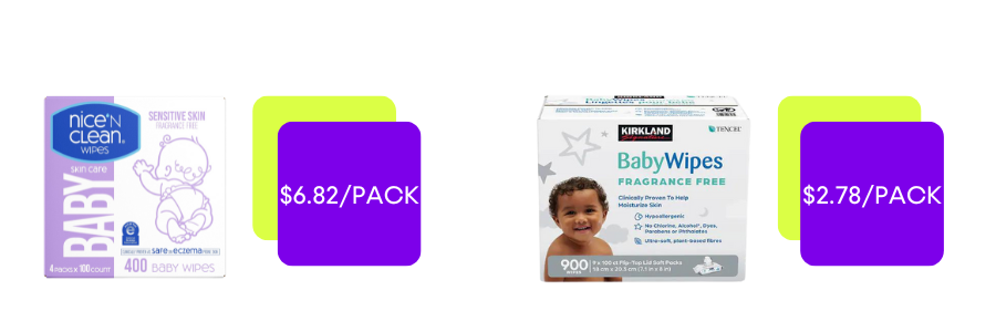 Nice 'N Clean baby wipes and Kirkland Signature baby wipes