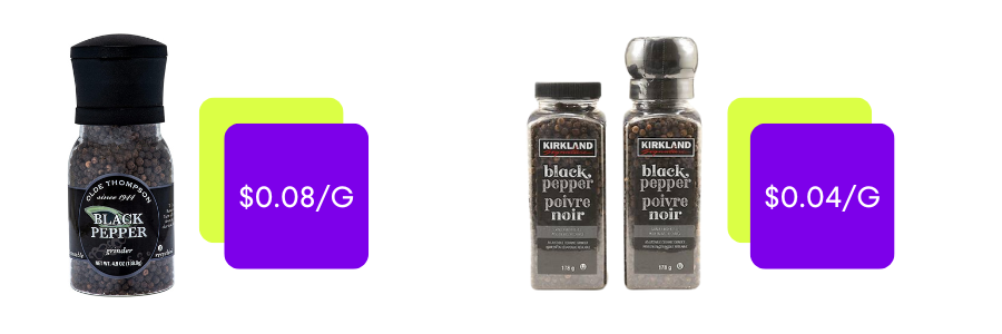 Olde Thompson black pepper and Kirkland Signature black pepper