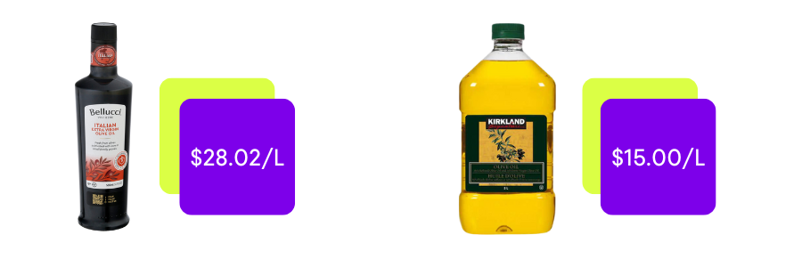 Bellucci olive oil and Kirkland Signature olive oil