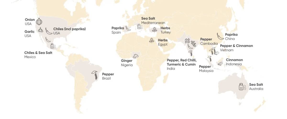Where Olde Thompson spices come from (world map)
