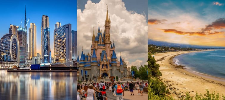 Business Bay of Dubai at night + Bay Lake, Florida, USA August 5, 2023 Walt Disney World Magic Kingdom +  Leadbetter beach in Santa Barbara California