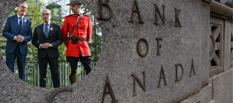 Governor of the Bank of Canada Tiff Macklem with Finance Minister Francois-Philippe Champagne and a Royal Canadian Mounted Police officer  + Bank of Canada building