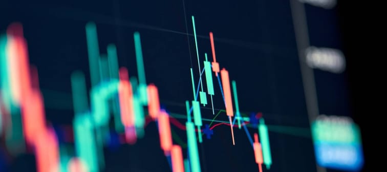 Stockmarket online trading chart candlestick on crypto currency platform. Stock exchange financial market price candles graph data pattern analysis concept. Computer screen closeup background