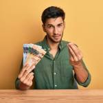 Young handsome man holding canadian dollars