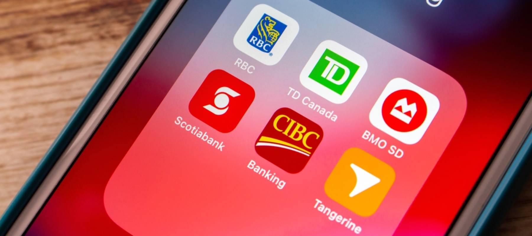 Popular Canadian banks, RBC Royal Bank of Canada, TD Canada Trust, BMO Bank of Montreal, Scotiabank, CIBC Canadian Imperial Bank of Commerce, Tangerine Bank on iPhone