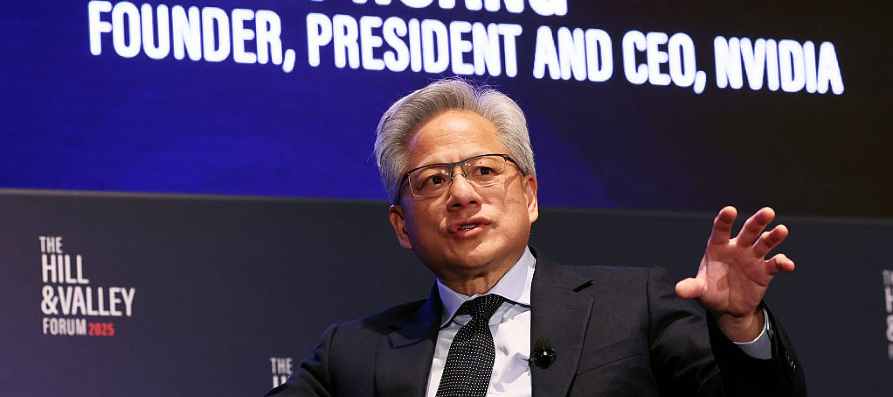 Founder, President and CEO for Nvidia Jensen Huang speaks onstage during Jacob Helberg at the Hill & Valley Forum 2025