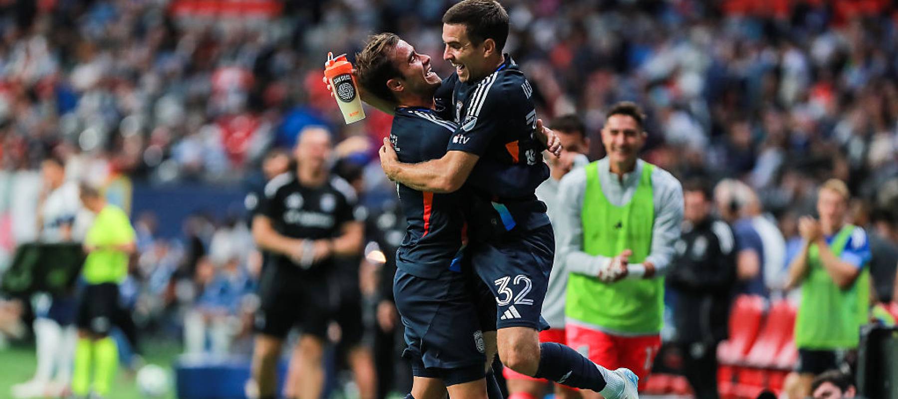 Milan Iloski and Angel Gutierrez of San Diego FC reacts after scoring the fifth goal against the Vancouver Whitecaps