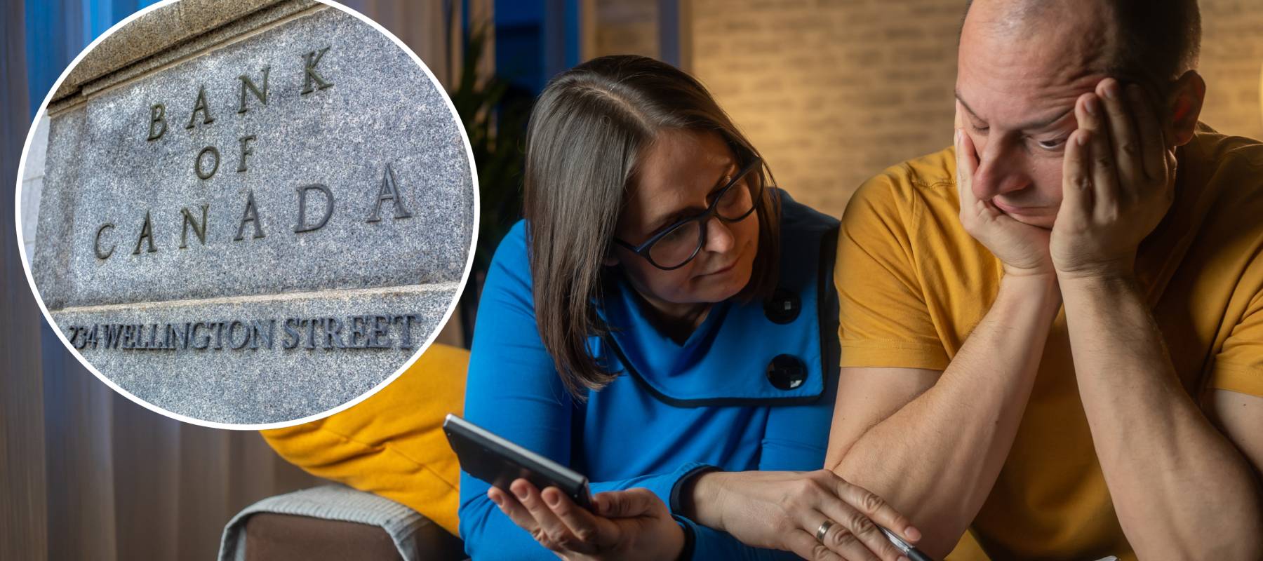 Bank of Canada superimposed on an unhappy couple reviewing their finances