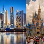 Business Bay of Dubai at night + Bay Lake, Florida, USA August 5, 2023 Walt Disney World Magic Kingdom +  Leadbetter beach in Santa Barbara California