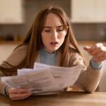 Young woman shocked while reviewing bills