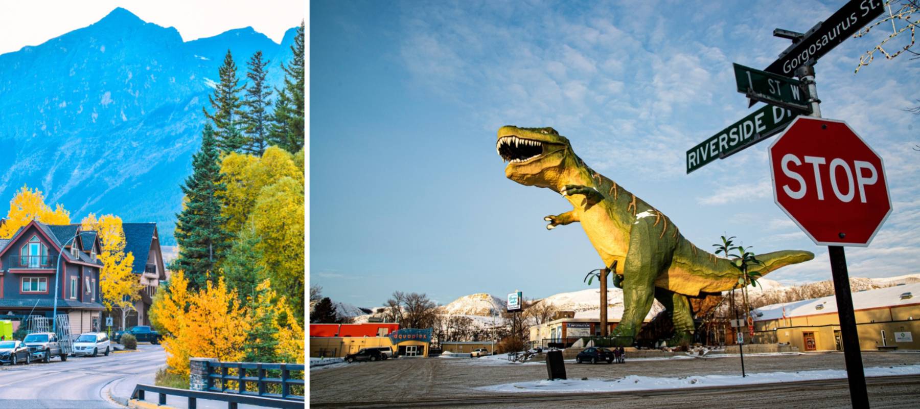 Streets of Canmore, AB + Gigantesque Dinosaur Statue in downtown Drumheller Alberta