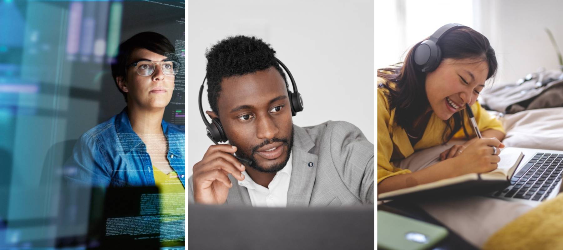 Young professional woman (software engineer) looking at a computer + young black man working customer service job + young asian university student