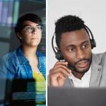 Young professional woman (software engineer) looking at a computer + young black man working customer service job + young asian university student