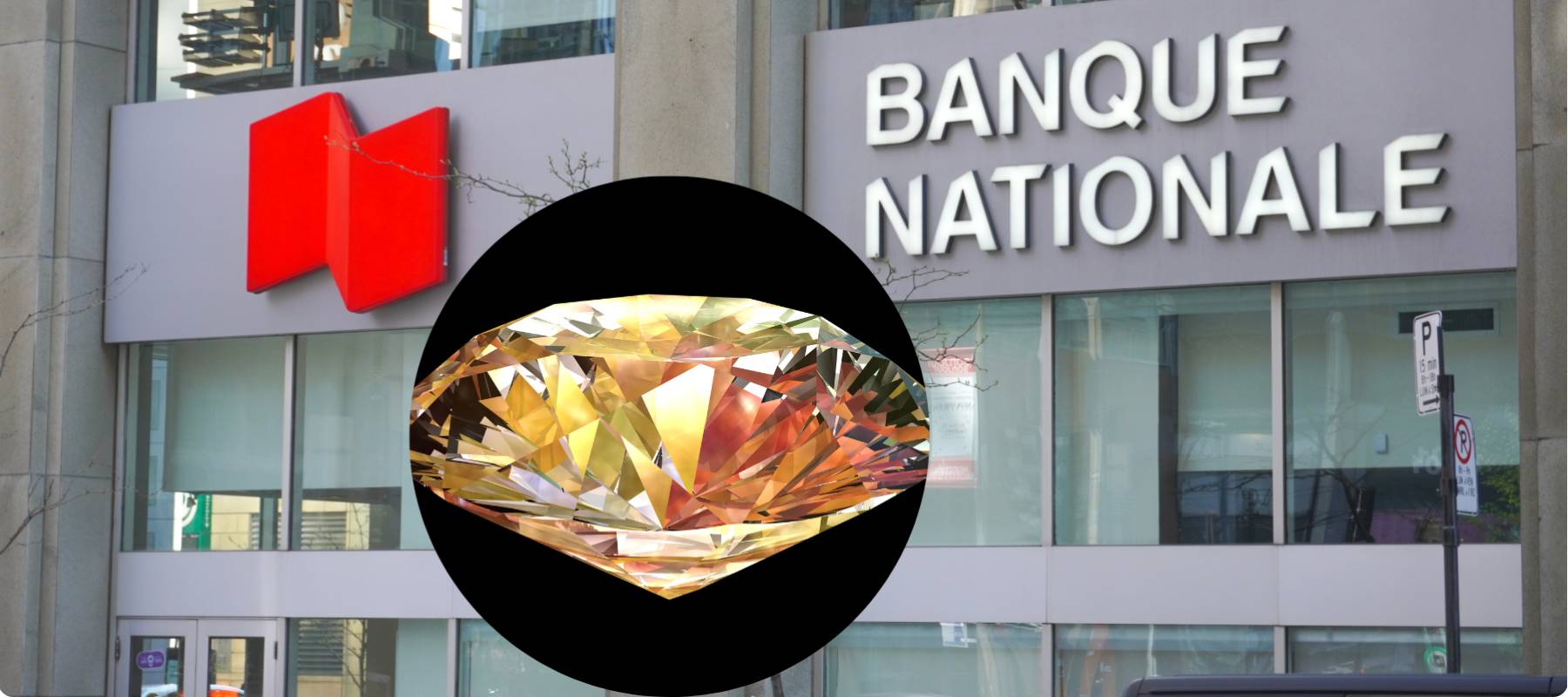 Massive yellow diamond inlay over an image of a National Bank branch in Quebec, Canada