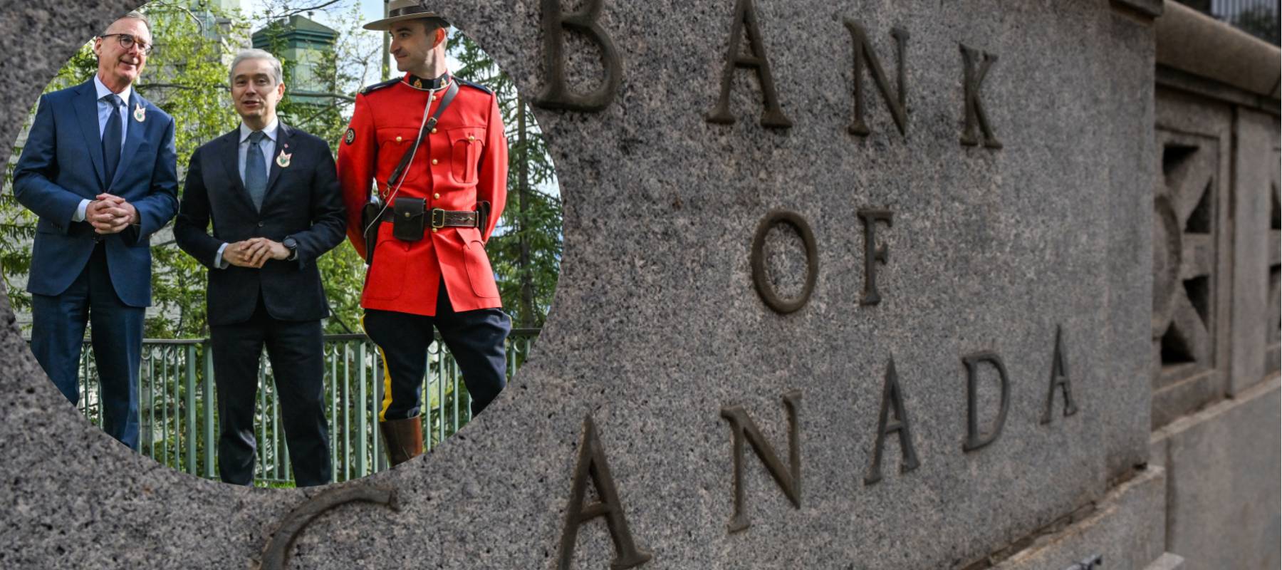 Governor of the Bank of Canada Tiff Macklem with Finance Minister Francois-Philippe Champagne and a Royal Canadian Mounted Police officer  + Bank of Canada building