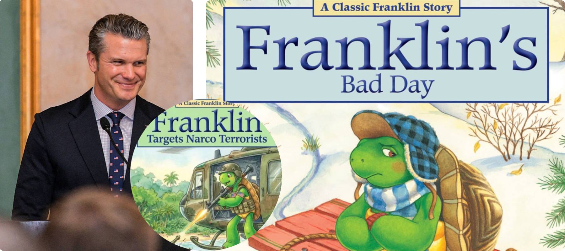 US Secretary of Defense Pete Hegseth smiles during a press conference + Image of Franklin the Turtle Hegworth posted on X + Cover of Franklin's Bad Day