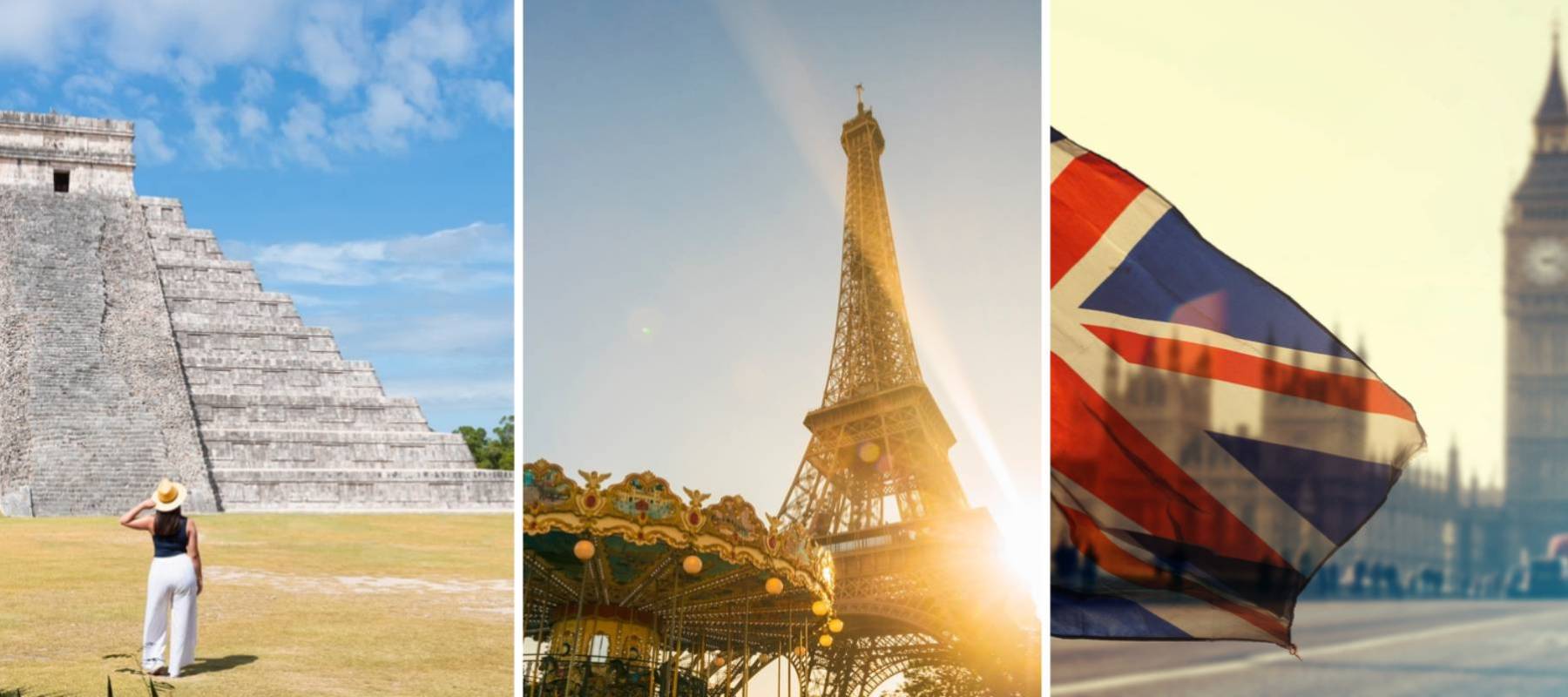 Tourist at Kukulcan in the Mexican city of Chichen Itza + Eiffel Tower +  UK flag with Big Ben and House of Parliament