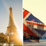 Tourist at Kukulcan in the Mexican city of Chichen Itza + Eiffel Tower +  UK flag with Big Ben and House of Parliament