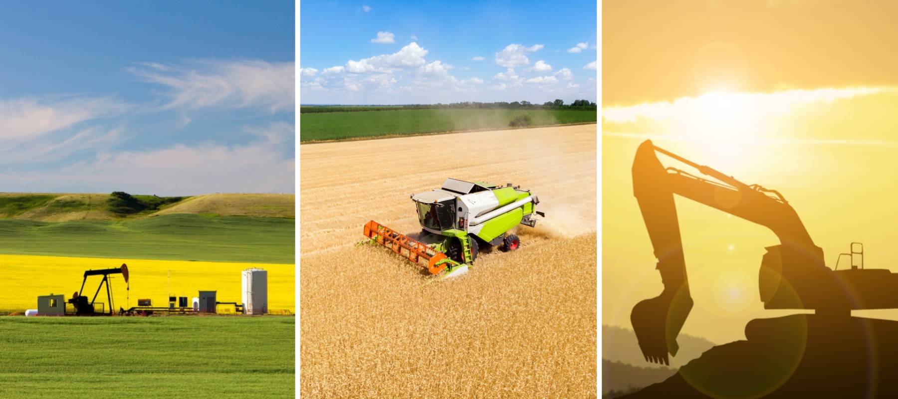 Oil pumpjack in a canola field near Drumheller, Alberta + Combine harvester machine + Excavator working in a mineral mine