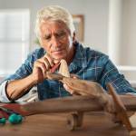 Retired man using sandpaper to polish wooden airplane sculpture.