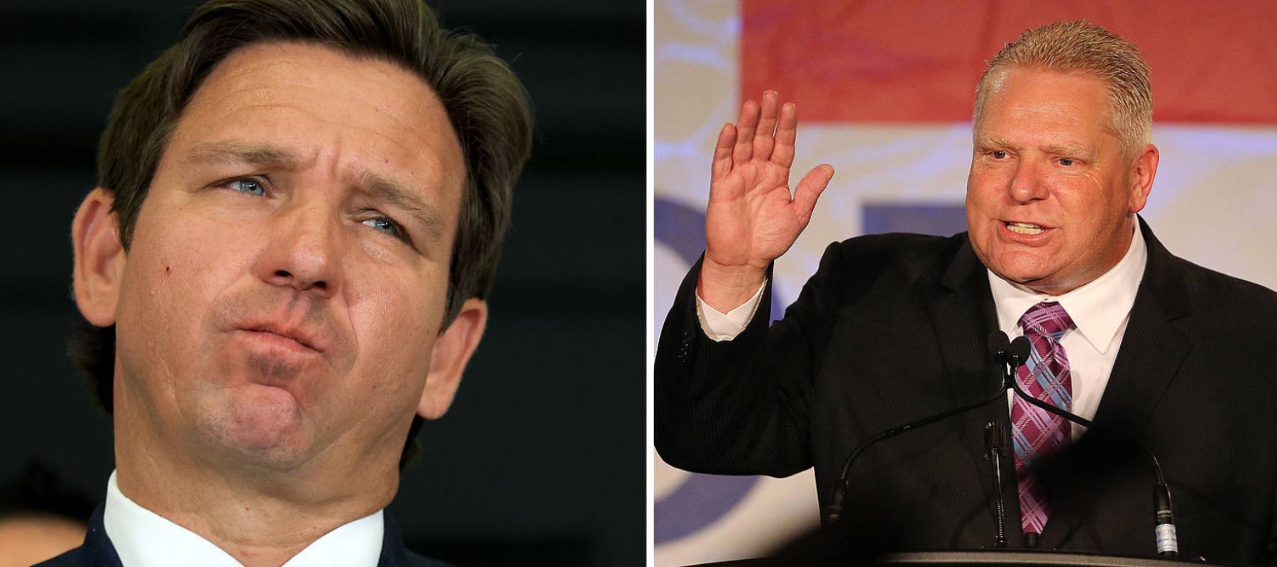 Florida Gov. Ron DeSantis speaks during a press conference held at the ICE-Enforcement and Removal Operation office on May 01, 2025 + Doug Ford, April 2017