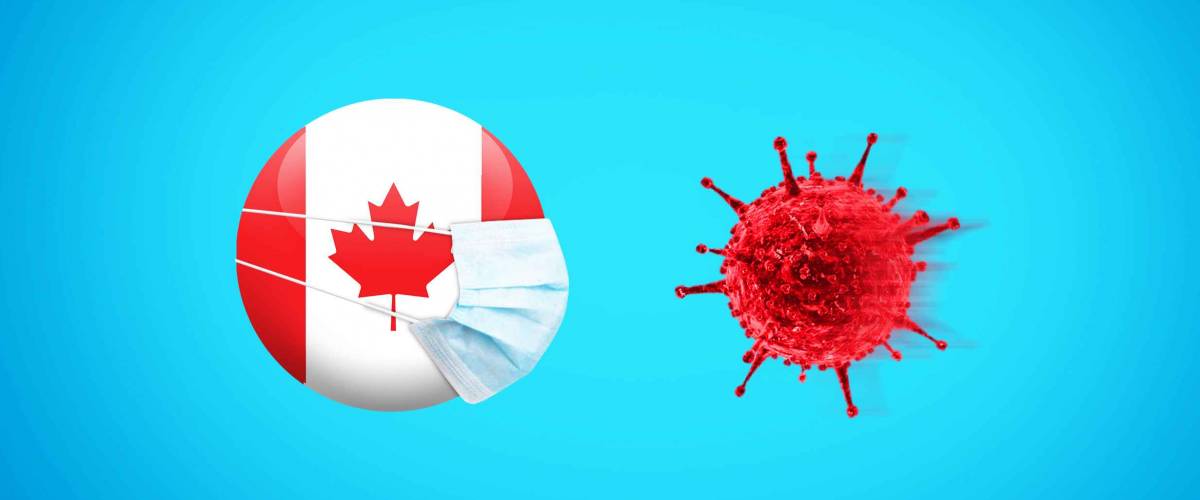 Coronavirus / Corona virus attack concept. Canada put mask to fight against Corona virus. Concept of fight against virus. Coronavirus outbreak on Canada influenza background.