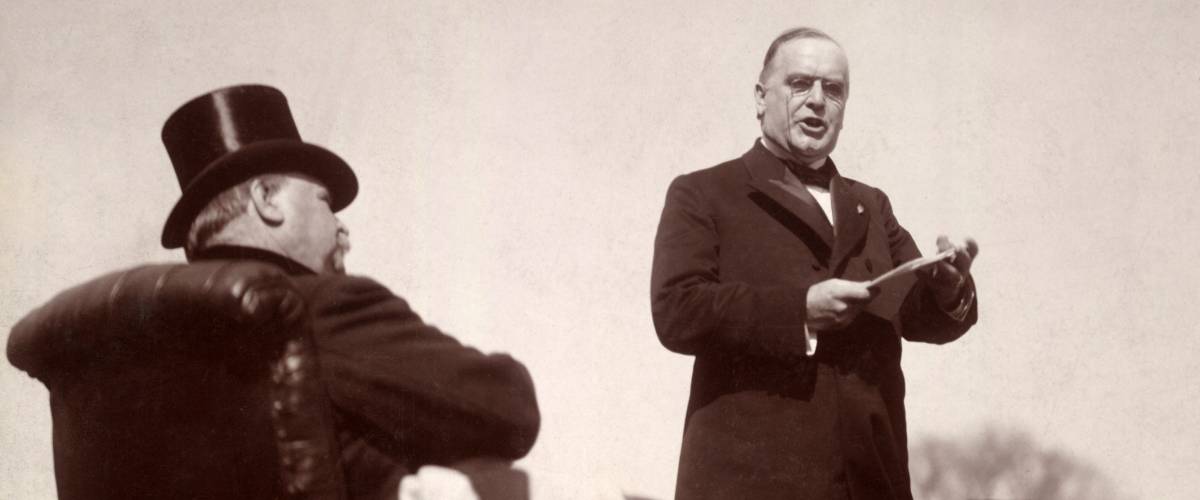 Grover Cleveland watches as President William McKinley delivers his inaugural address