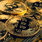 Golden coins with bitcoin symbol on a mainboard.