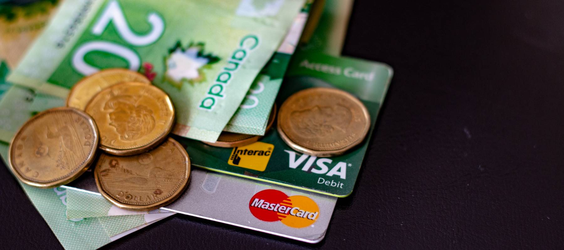 Canadian 20 dollar bills, coins, and credit cards