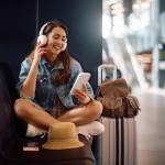 Young woman sitting in an airport happily talking to a friend on the phone