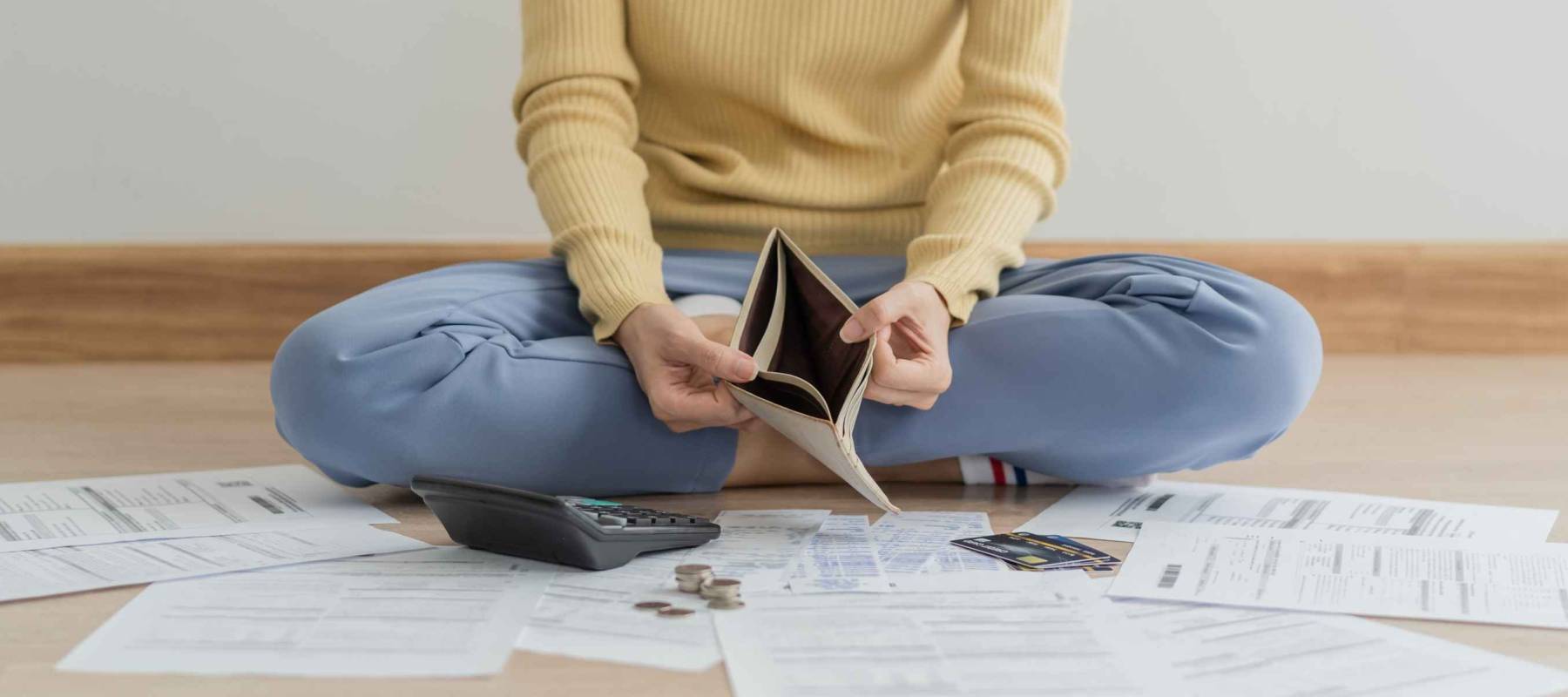 Stressed, Problem business person woman holding and open empty wallet, purse no have money for bill payment,