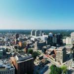 An aerial panorama of the London, Ontario, Canada downtown on a clear day
