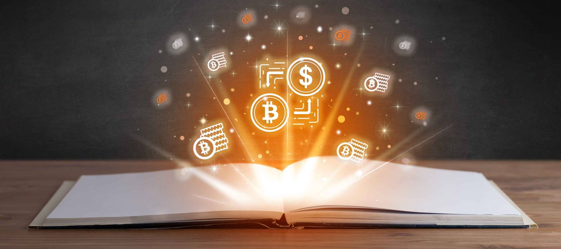 Open book with currency icons above