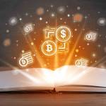 Open book with currency icons above