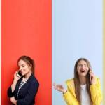 Collage of photos with different emotional people using mobile phones