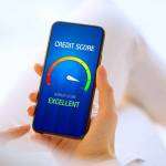 Woman looking at her credit score test on mobile phone showing excellent score