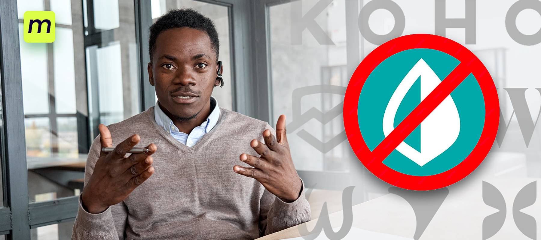A reviewer sits next to a Mint logo with a 'no' sign around it