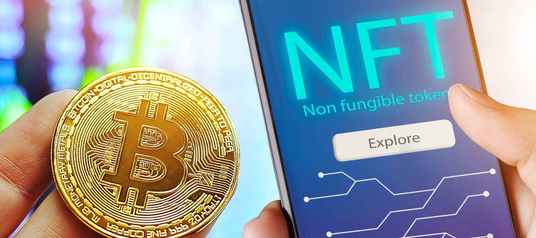Hand holds smartphone with bitcoin cryptographic NFT blockchain marketplace,Cryptoart concept
