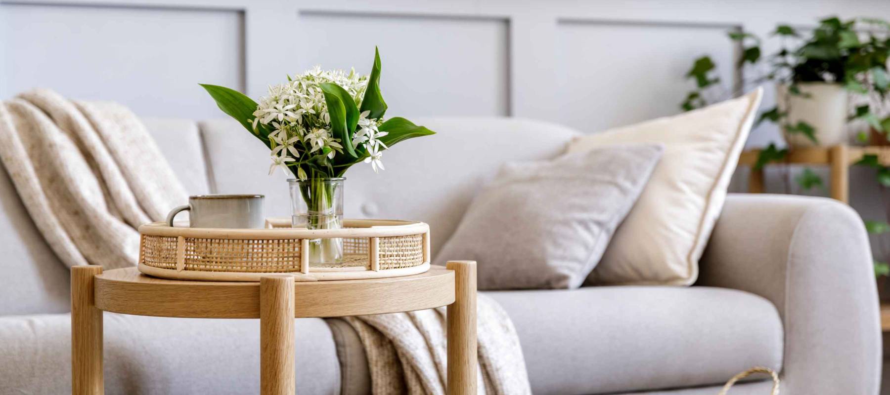 Scandinavian living room interior with design grey sofa, wooden coffee table, plants, shelf, spring flowers in vase, decoration and elegant personal accessories at home decor.