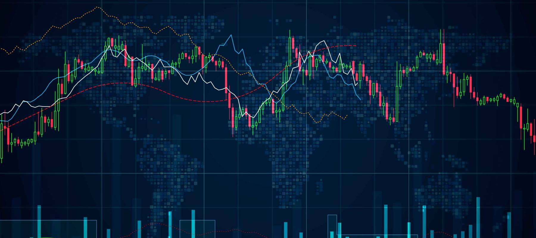 Binary options chart with assets values moving up and down, trading statistics