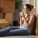 Happy tenant resting drinking coffee moving home sitting on the floor in the night