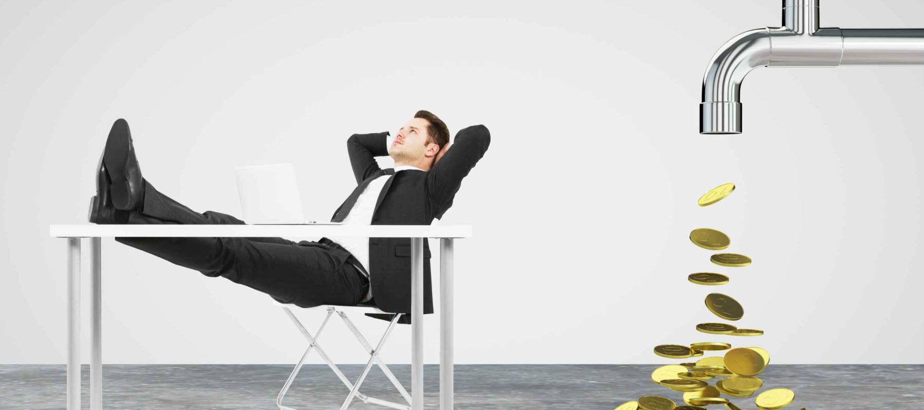 Money dripping concept with faucet and businessman resting on a chair