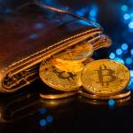 Bitcoin gold coins with wallet, close-up. Virtual cryptocurrency concept.
