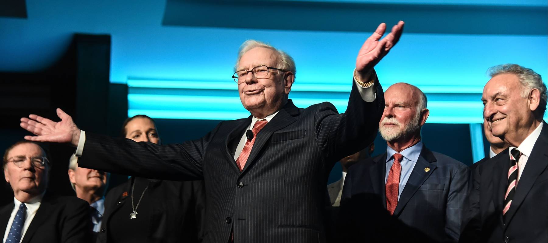 New York, Sept 19, 2023: Philanthropist Warren Buffett is joined onstage by 24 other philanthropist and influential business people.