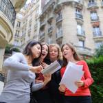 Students reviewing information about school campus