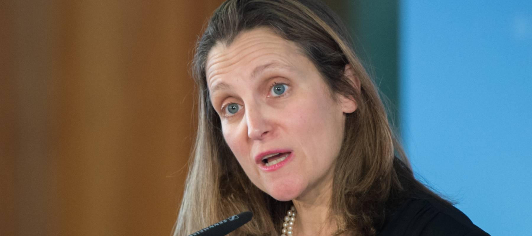 Chrystia Freeland answers questions at a press conference in Berlin 2018