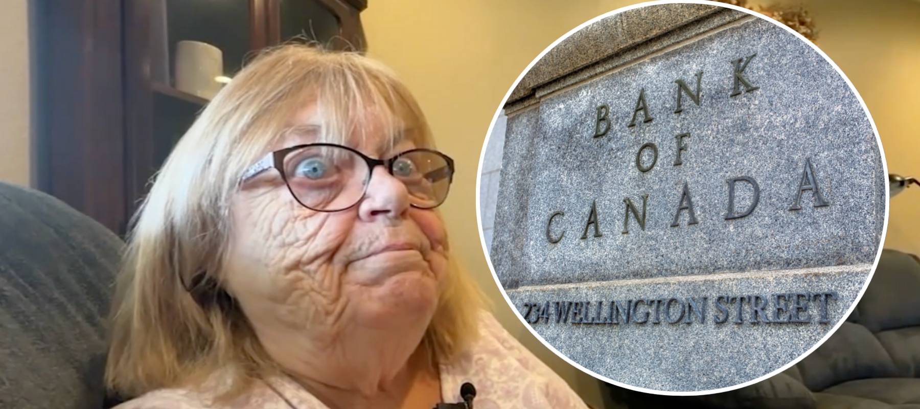 Older woman looks alarmed; Bank of Canada building in Ottawa