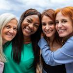 Four vibrant women huddled in a group hug, smiling brightly, with the open sky behind them.