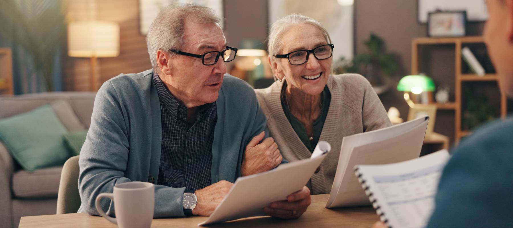 Elderly couple, documents and financial advisor with retirement plan for asset management at house.
