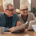 Elderly couple, documents and financial advisor with retirement plan for asset management at house.